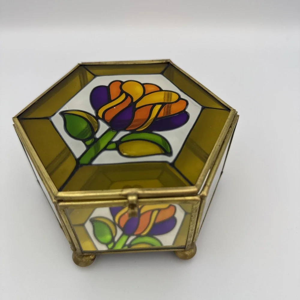 Stained Glass Mirror Brass Footed Trinket Box Flower Vintage Vanity Dresser